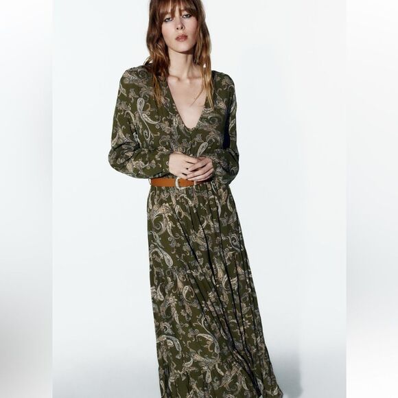 ZARA BNWT GREEN PAISLEY PRINT MIDI SHIRT DRESS BELTED. - Picture 2 of 10